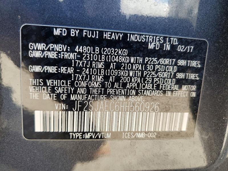 Продажа на аукционе авто 2017 Subaru Forester, vin: JF2SJAEC6HH560926, номер лота: 50692146