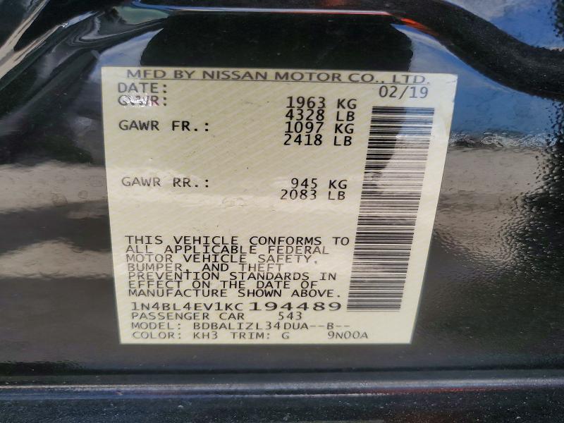 49853246 :رقم المزاد ، 1N4BL4EV1KC194489 vin ، 2019 Nissan Altima مزاد بيع
