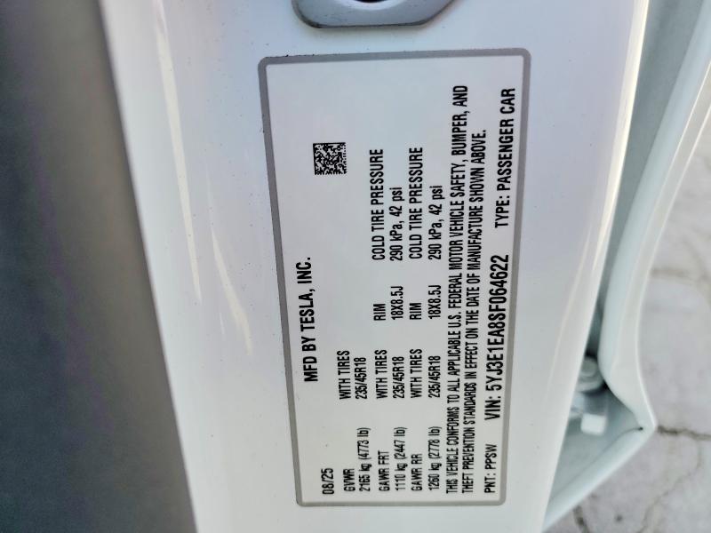 Продаж на аукціоні авто 2025 Tesla Model 3, vin: 5YJ3E1EA8SF064622, номер лоту: 48113356
