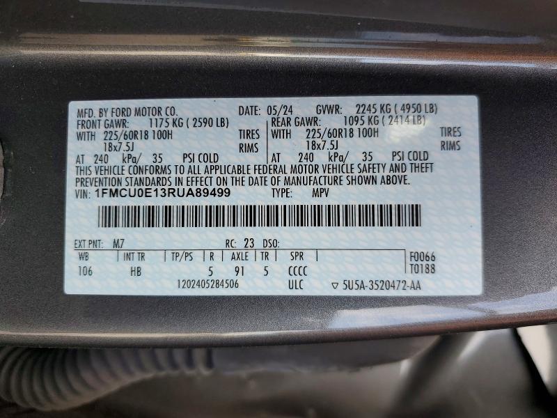 2024 Ford Escape მანქანა იყიდება აუქციონზე, vin: 1FMCU0E13RUA89499, აუქციონის ნომერი: 48570926