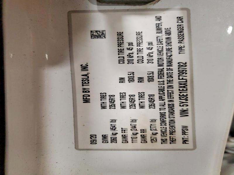 48935136 :رقم المزاد ، 5YJ3E1EAXLF799782 vin ، 2020 Tesla Model 3 مزاد بيع