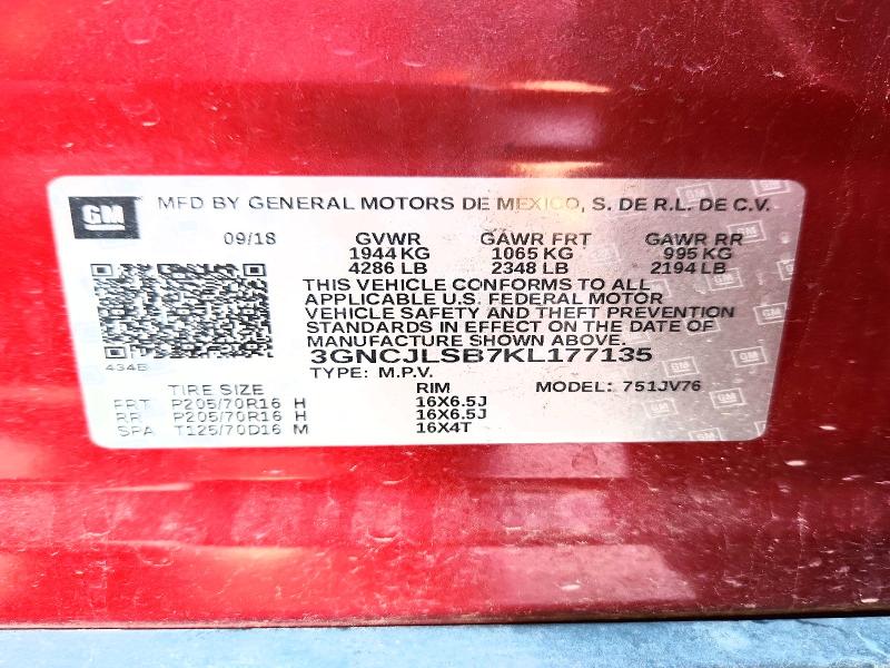 Aukcja sprzedaży 2019 Chevrolet Trax, vin: 3GNCJLSB7KL177135, numer aukcji: 48945076