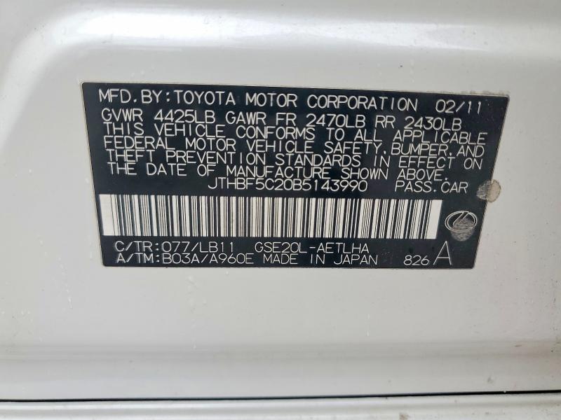 49684796 :رقم المزاد ، JTHBF5C20B5143990 vin ، 2011 Lexus Is مزاد بيع