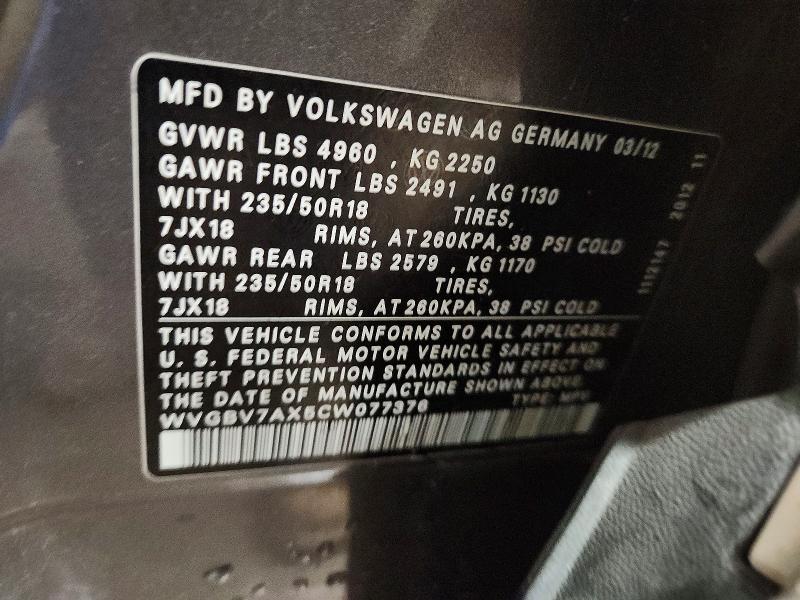 Aukcja sprzedaży 2012 Volkswagen Tiguan, vin: WVGBV7AX5CW077376, numer aukcji: 50491946