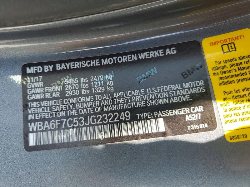 Продажа на аукционе авто 2018 Bmw 6 Series, vin: WBA6F7C53JG232249, номер лота: 50229006