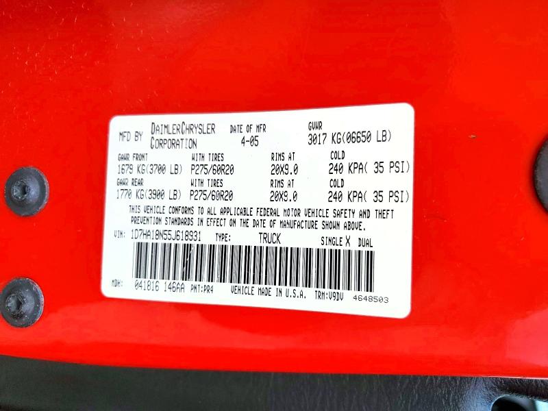 Продаж на аукціоні авто 2005 Dodge Ram 1500, vin: 1D7HA18N55J618931, номер лоту: 51299806