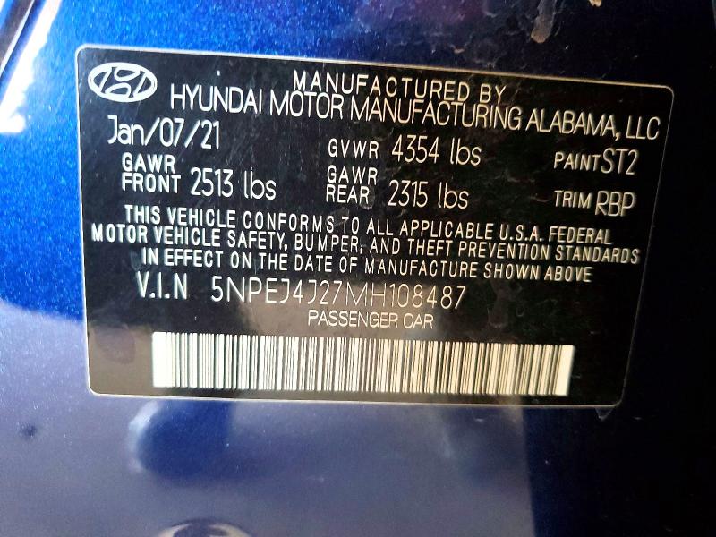 2021 Hyundai Sonata მანქანა იყიდება აუქციონზე, vin: 5NPEJ4J27MH108487, აუქციონის ნომერი: 48675506
