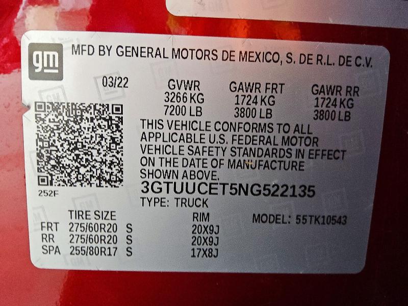 Aukcja sprzedaży 2022 Gmc Sierra, vin: 3GTUUCET5NG522135, numer aukcji: 49444726
