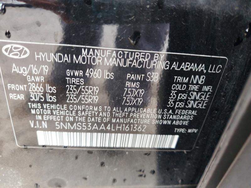 2020 Hyundai Santa Fe მანქანა იყიდება აუქციონზე, vin: 5NMS53AA4LH161362, აუქციონის ნომერი: 49560496