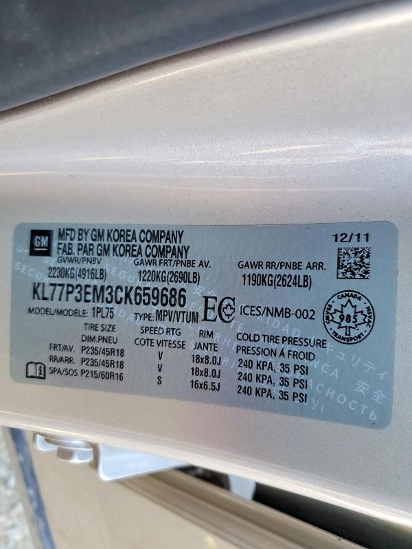 Продаж на аукціоні авто 2012 Chevrolet Orlando, vin: KL77P3EM3CK659686, номер лоту: 51483656