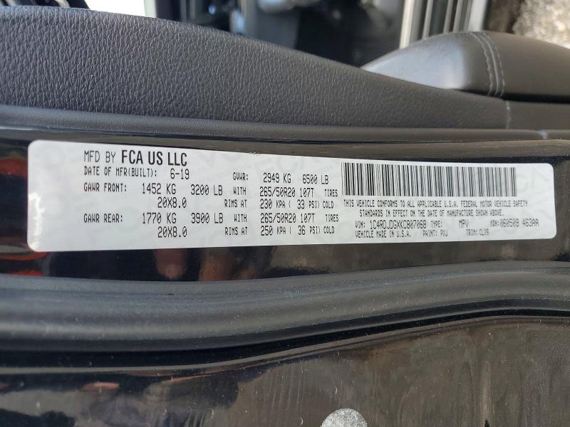 50606446 :رقم المزاد ، 1C4RDJDGXKC807068 vin ، 2019 Dodge Durango مزاد بيع