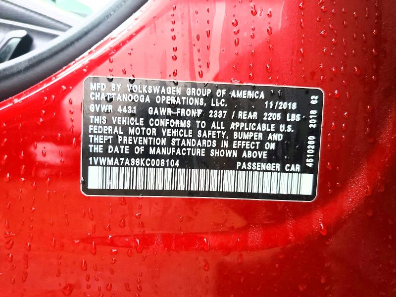 48423166 :رقم المزاد ، 1VWMA7A38KC008104 vin ، 2019 Volkswagen Passat مزاد بيع