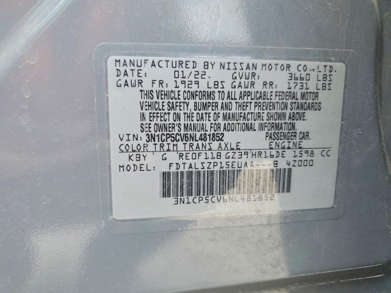2022 Nissan Kicks მანქანა იყიდება აუქციონზე, vin: 3N1CP5CV6NL481852, აუქციონის ნომერი: 49053036