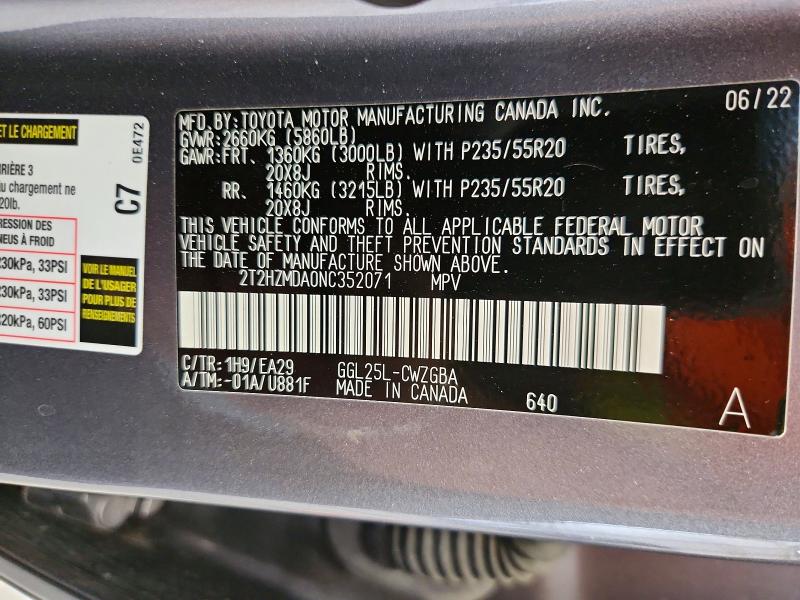 49664336 :رقم المزاد ، 2T2HZMDA0NC352071 vin ، 2022 Lexus Rx مزاد بيع