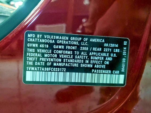 45600396 :رقم المزاد ، 1VWAT7A38FC023172 vin ، 2015 Volkswagen Passat مزاد بيع