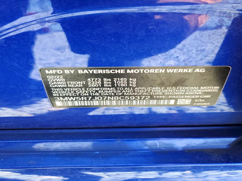 Aukcja sprzedaży 2022 Bmw 330xi, vin: 3MW5R7J07N8C59372, numer aukcji: 49462056