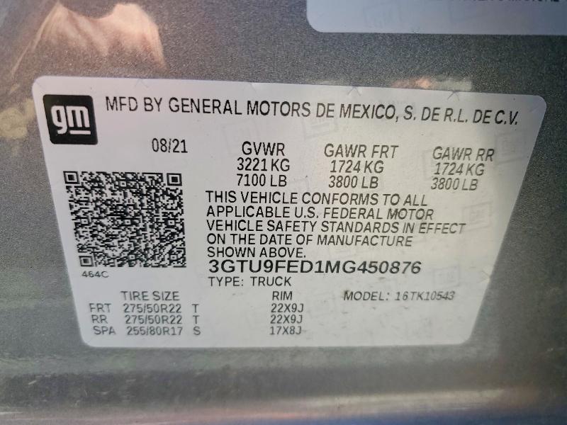 2021 Gmc Sierra მანქანა იყიდება აუქციონზე, vin: 3GTU9FED1MG450876, აუქციონის ნომერი: 49022236