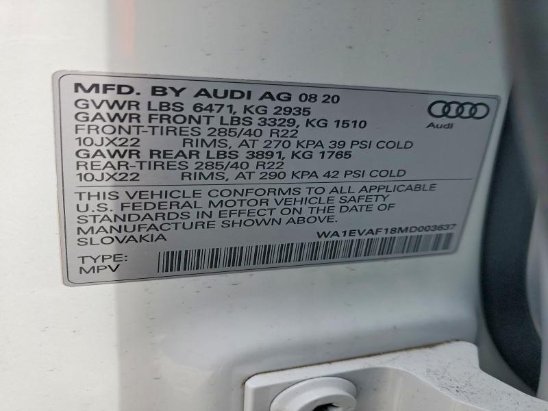 2021 Audi Q8 მანქანა იყიდება აუქციონზე, vin: WA1EVAF18MD003637, აუქციონის ნომერი: 49383096