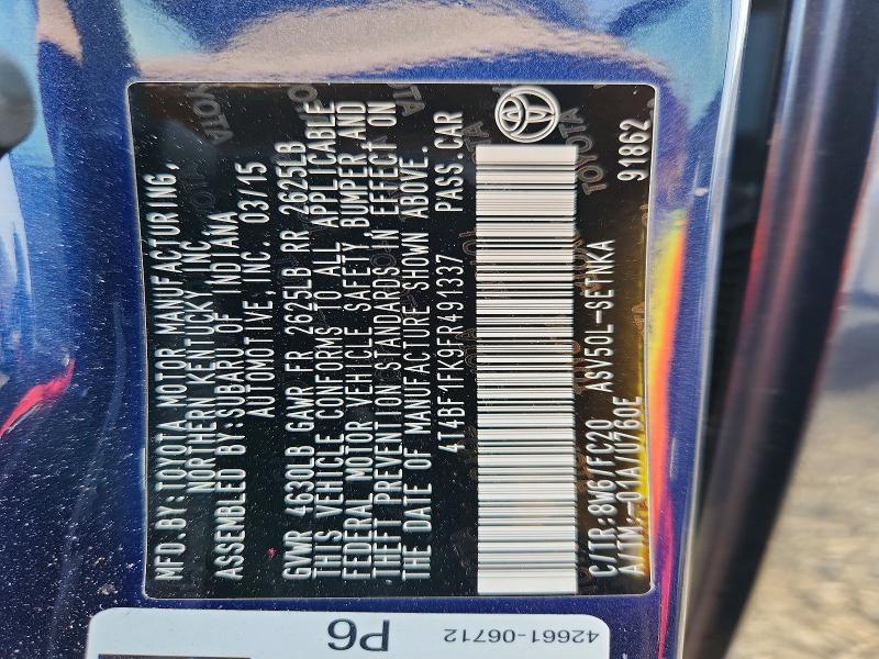 2015 Toyota Camry მანქანა იყიდება აუქციონზე, vin: 4T4BF1FK9FR491337, აუქციონის ნომერი: 49075176