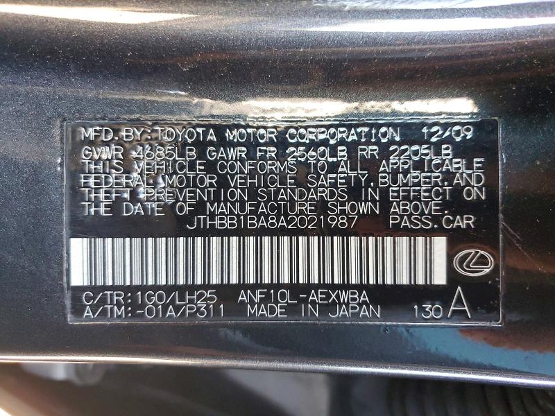 Aukcja sprzedaży 2010 Lexus Hs, vin: JTHBB1BA8A2021987, numer aukcji: 51186956