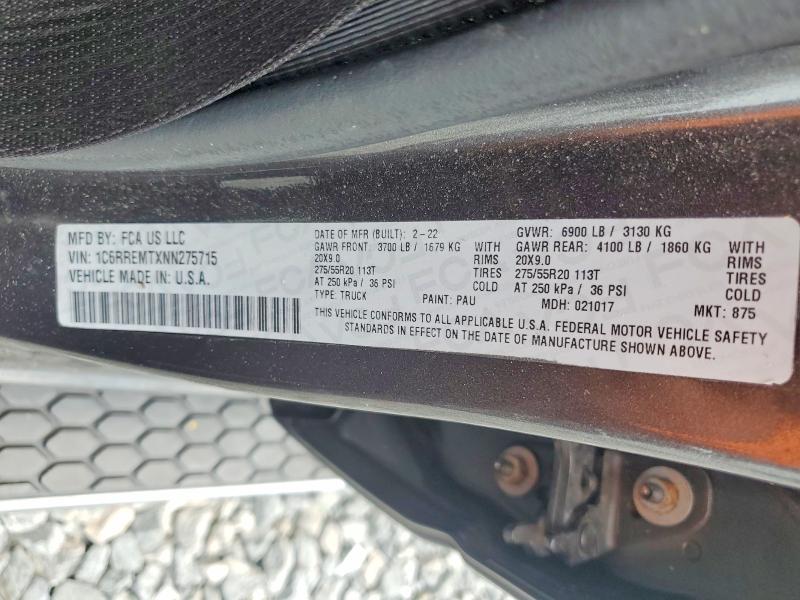 2022 Ram 1500 მანქანა იყიდება აუქციონზე, vin: 1C6RREMTXNN275715, აუქციონის ნომერი: 49883466
