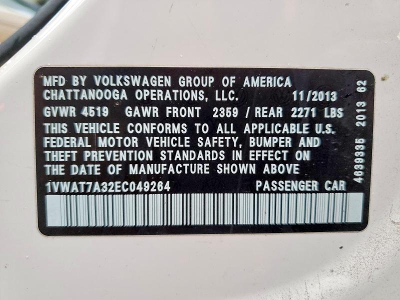 Aukcja sprzedaży 2014 Volkswagen Passat, vin: 1VWAT7A32EC049264, numer aukcji: 48596236
