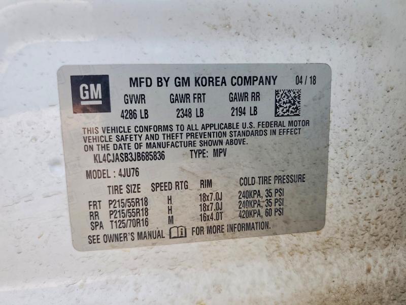 Продаж на аукціоні авто 2018 Buick Encore, vin: KL4CJASB3JB685836, номер лоту: 49295066