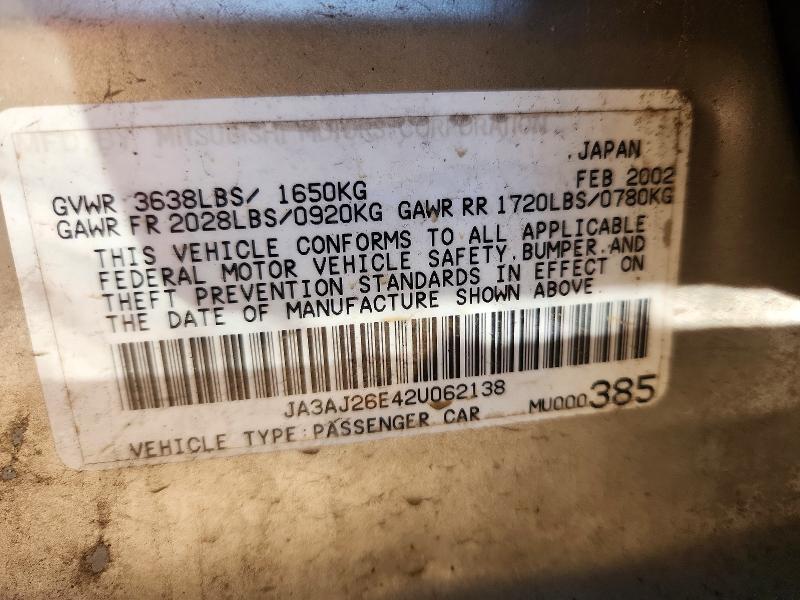 Aukcja sprzedaży 2002 Mitsubishi Lancer, vin: JA3AJ26E42U062138, numer aukcji: 50227426