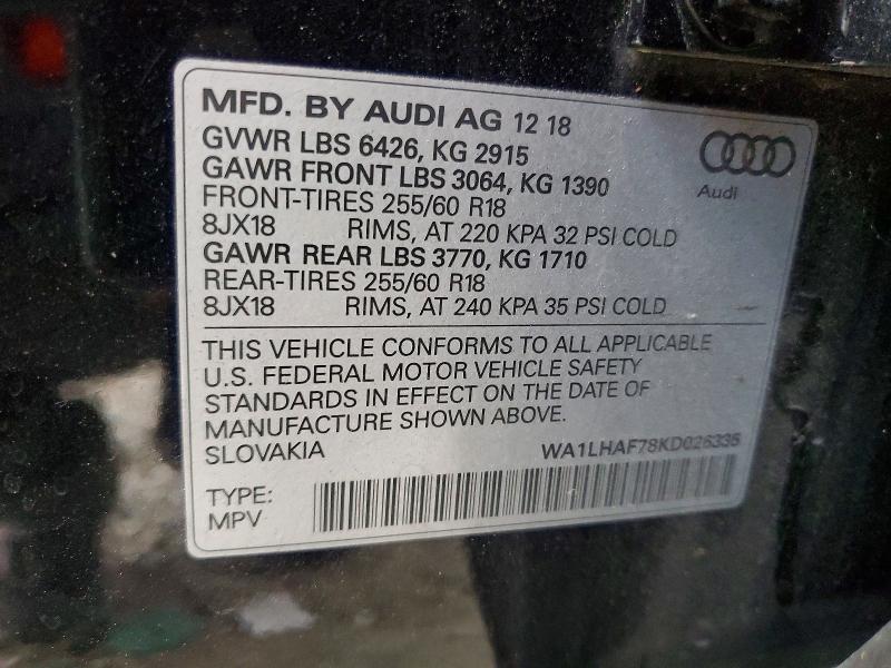 49446166 :رقم المزاد ، WA1LHAF78KD026335 vin ، 2019 Audi Q7 مزاد بيع