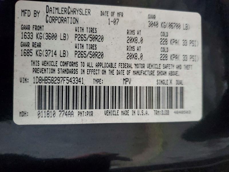 49574306 :رقم المزاد ، 1D8HB58297F543341 vin ، 2007 Dodge Durango مزاد بيع