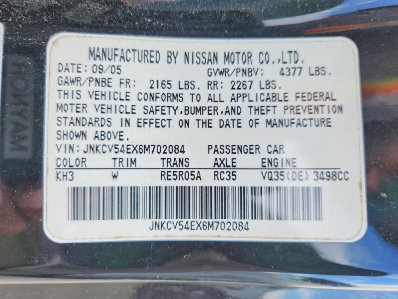 Aukcja sprzedaży 2006 Infiniti G35, vin: JNKCV54EX6M702084, numer aukcji: 50154196