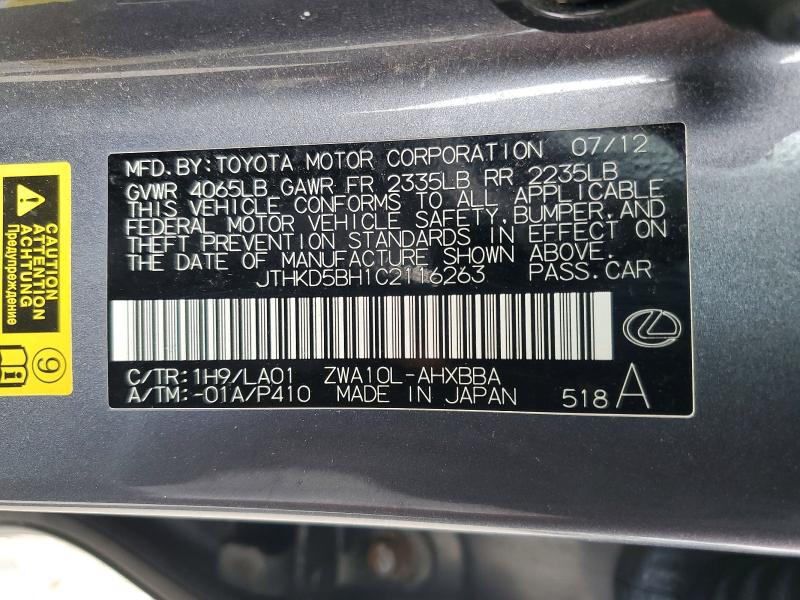 49878836 :رقم المزاد ، JTHKD5BH1C2116263 vin ، 2012 Lexus Ct مزاد بيع