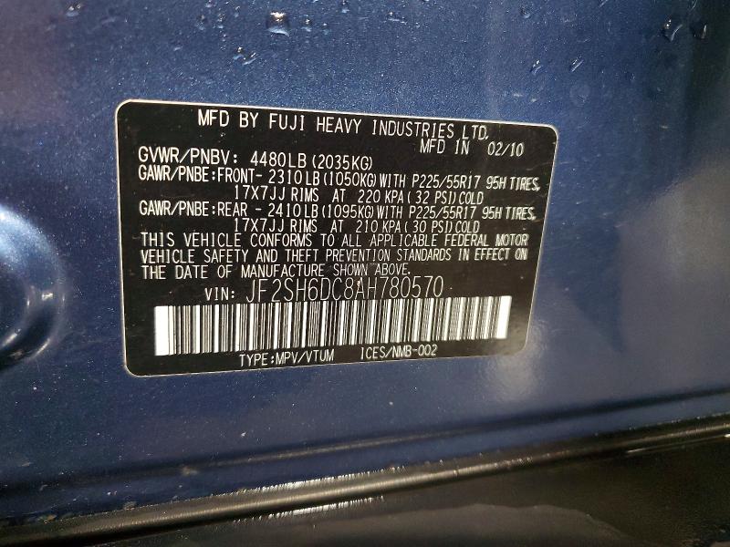 2010 Subaru Forester მანქანა იყიდება აუქციონზე, vin: JF2SH6DC8AH780570, აუქციონის ნომერი: 50434626