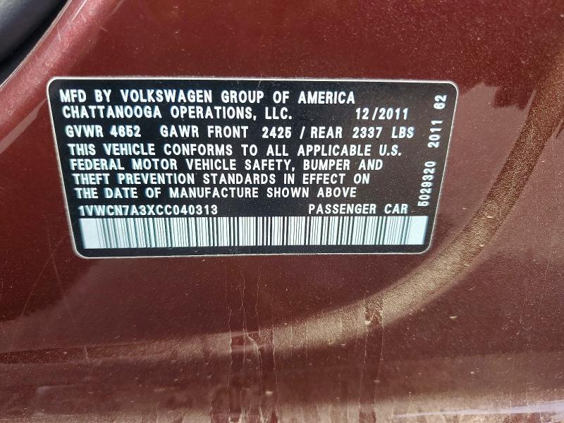 48541496 :رقم المزاد ، 1VWCN7A3XCC040313 vin ، 2012 Volkswagen Passat مزاد بيع