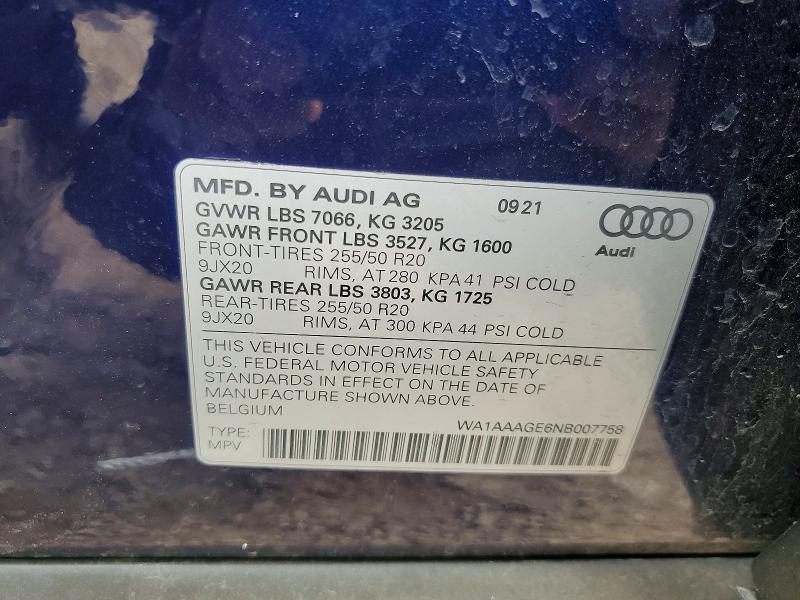 2022 Audi E-tron მანქანა იყიდება აუქციონზე, vin: WA1AAAGE6NB007758, აუქციონის ნომერი: 49271036