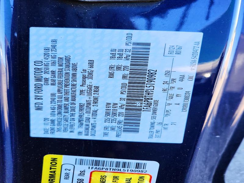 2020 Ford Mustang მანქანა იყიდება აუქციონზე, vin: 1FA6P8TH9L5190982, აუქციონის ნომერი: 50046206