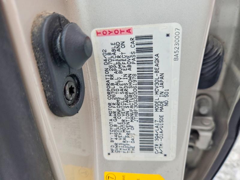Aukcja sprzedaży 2002 Lexus Es, vin: JTHBF30G320061978, numer aukcji: 49862896