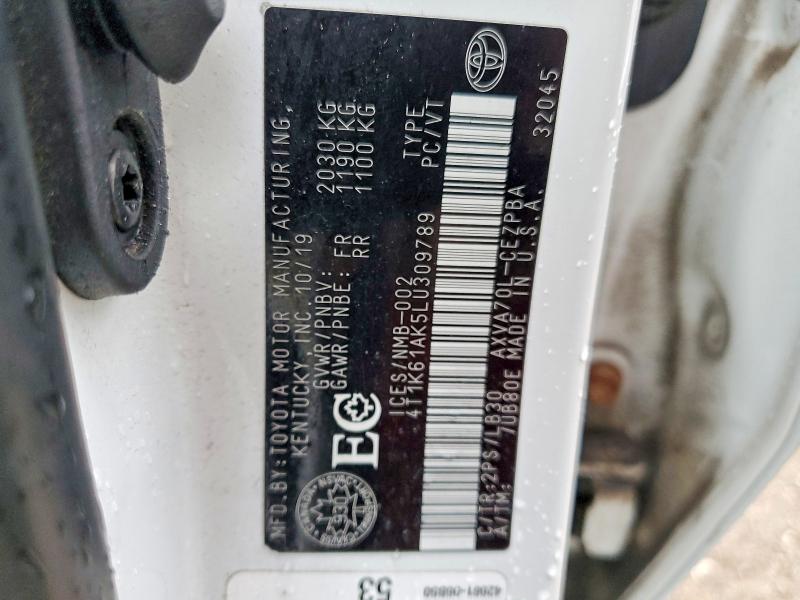 2020 Toyota Camry მანქანა იყიდება აუქციონზე, vin: 4T1K61AK5LU309789, აუქციონის ნომერი: 47618986