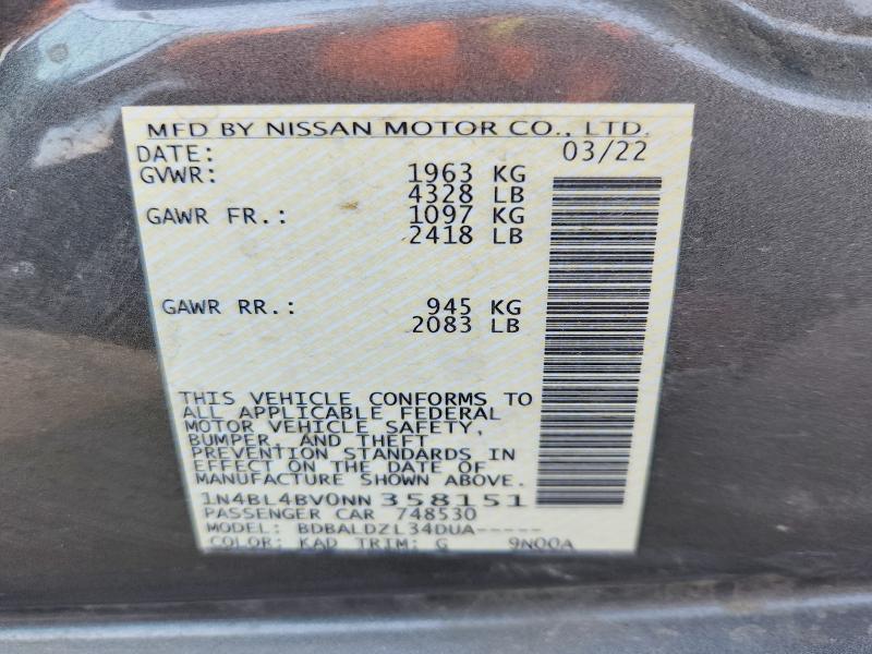 Aukcja sprzedaży 2022 Nissan Altima, vin: 1N4BL4BV0NN358151, numer aukcji: 49106866