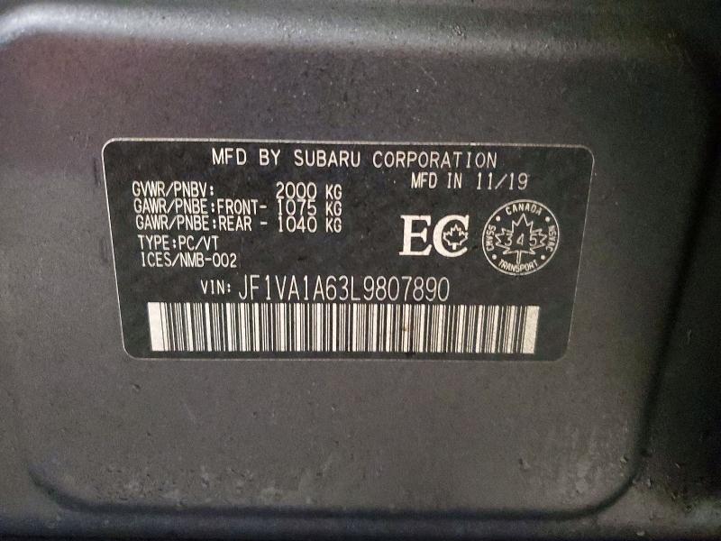 49242646 :رقم المزاد ، JF1VA1A63L9807890 vin ، 2020 Subaru Wrx مزاد بيع