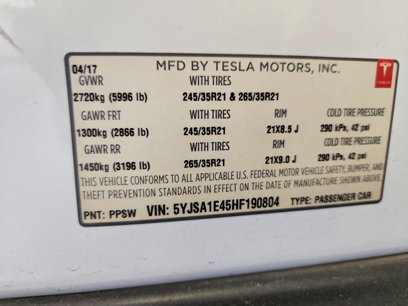 Продаж на аукціоні авто 2017 Tesla Model S, vin: 5YJSA1E45HF190804, номер лоту: 49601816