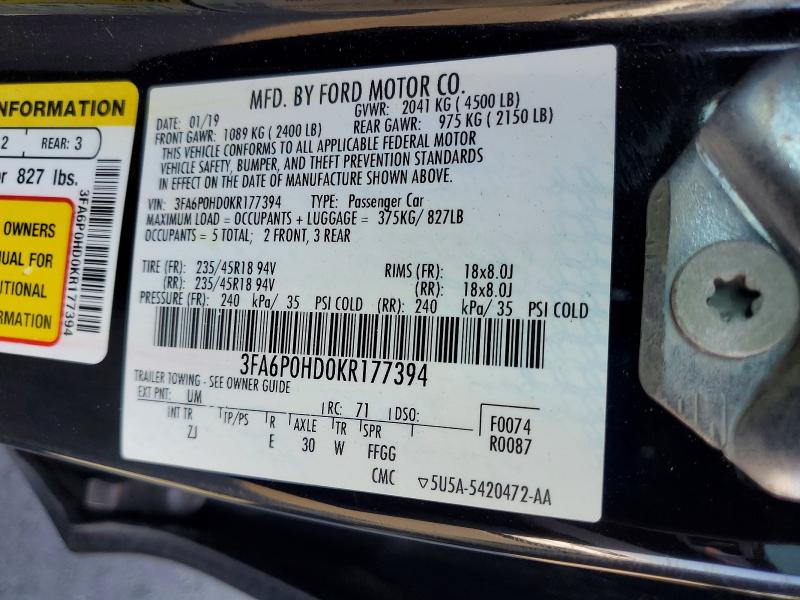 Продаж на аукціоні авто 2019 Ford Fusion, vin: 3FA6P0HD0KR177394, номер лоту: 49480806