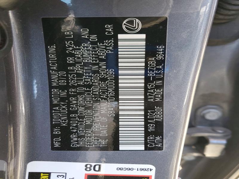 Aukcja sprzedaży 2021 Lexus Es 250, vin: 58AD11D16MU001096, numer aukcji: 50046146