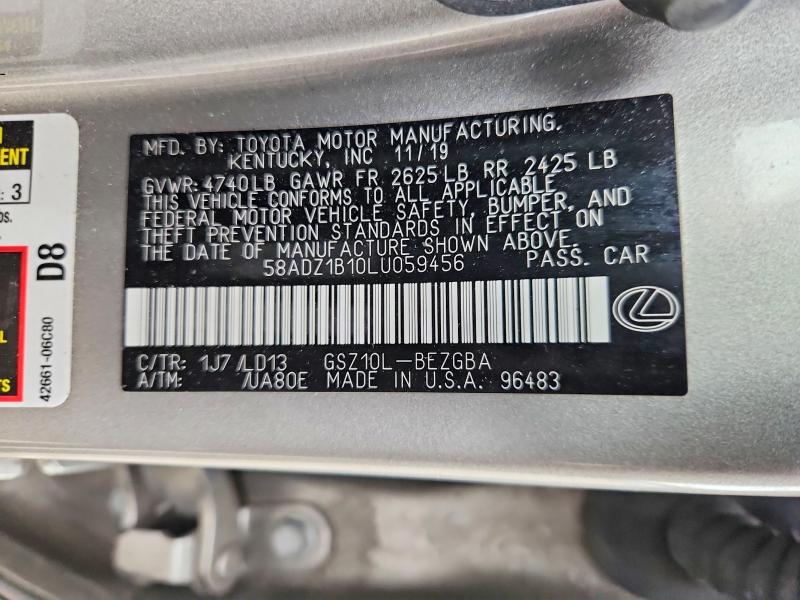 2020 Lexus Es 350 მანქანა იყიდება აუქციონზე, vin: 58ADZ1B10LU059456, აუქციონის ნომერი: 48094206