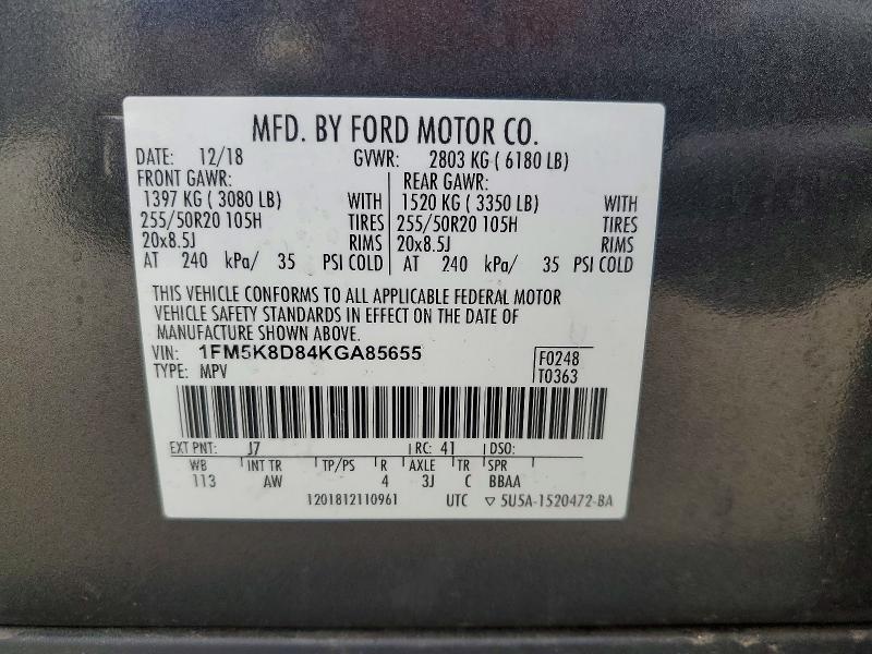 Продаж на аукціоні авто 2019 Ford Explorer, vin: 1FM5K8D84KGA85655, номер лоту: 50776186
