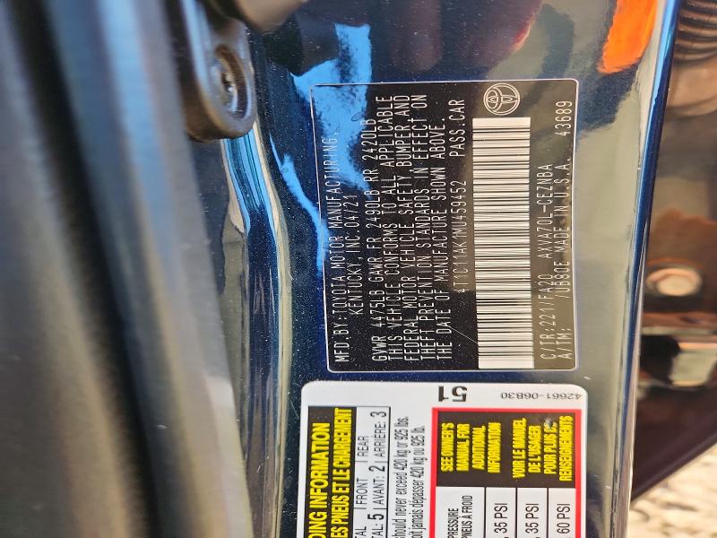 2021 Toyota Camry მანქანა იყიდება აუქციონზე, vin: 4T1C11AK1MU459452, აუქციონის ნომერი: 49627986
