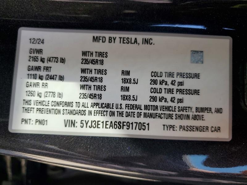 Продаж на аукціоні авто 2025 Tesla Model 3, vin: 5YJ3E1EA6SF917051, номер лоту: 51349146