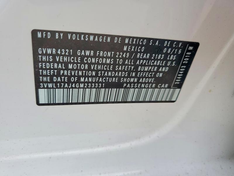 48014366 :رقم المزاد ، 3VWL17AJ4GM233331 vin ، 2016 Volkswagen Jetta مزاد بيع