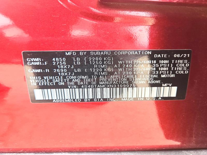 Aukcja sprzedaży 2022 Subaru Outback, vin: 4S4BTAMCXN3109075, numer aukcji: 50855246