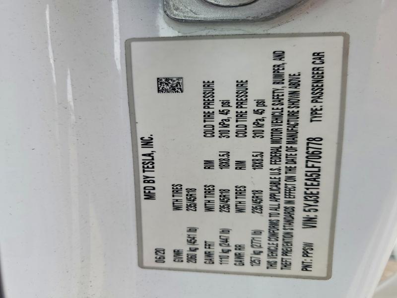 2020 Tesla Model 3 მანქანა იყიდება აუქციონზე, vin: 5YJ3E1EA5LF706778, აუქციონის ნომერი: 51662376